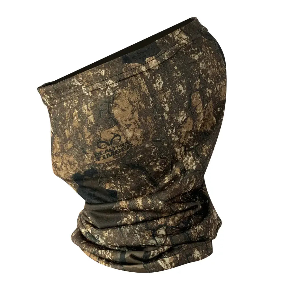 Realtree Timber camo neck gaiter by Titan 3D, lightweight and versatile for outdoor activities, featuring leafy woodland pattern.