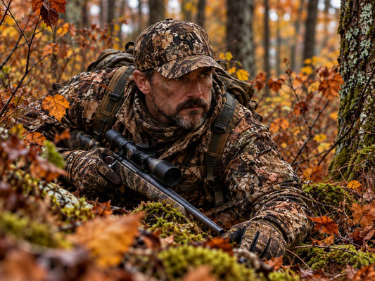 A hunter in full camouflage gear lying prone in autumnal woods with a scoped rifle, illustrating tactical positioning for Tree Stand vs Ground Hunting.