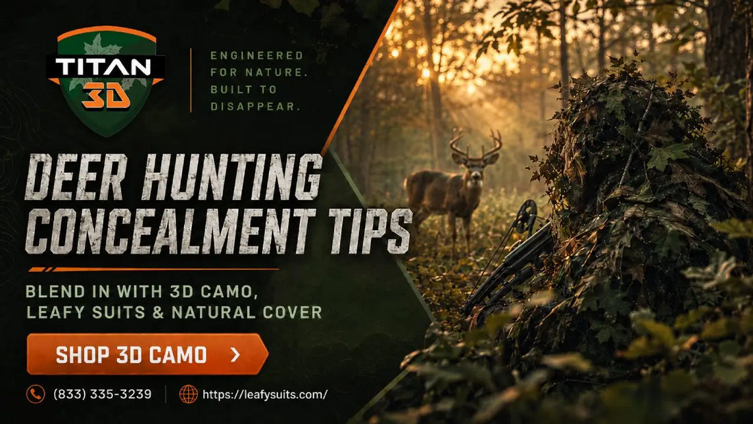 Illustration highlighting essential deer hunting concealment tips, showing proper brush camouflage setup and ground blind placement in a forest setting.