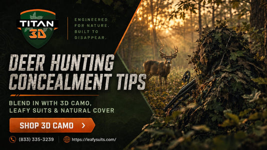 Illustration highlighting essential deer hunting concealment tips, showing proper brush camouflage setup and ground blind placement in a forest setting.