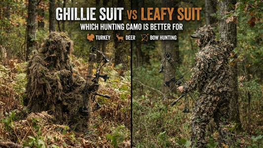 Ghillie Suit vs Leafy Suit infographic showing bow hunting camouflage options for turkey and deer hunting.