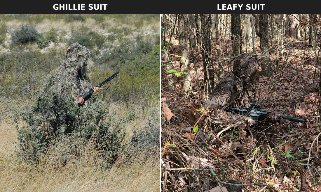 Man wearing a Woodsman ghillie suit in brush on the left; man wearing a Titan 3D Realtree Timber leafy suit seated in the woods on the right