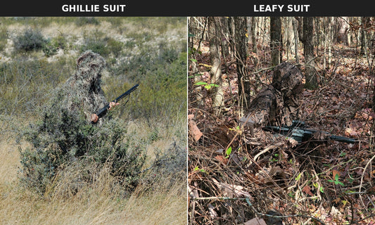 Man wearing a Woodsman ghillie suit in brush on the left; man wearing a Titan 3D Realtree Timber leafy suit seated in the woods on the right
