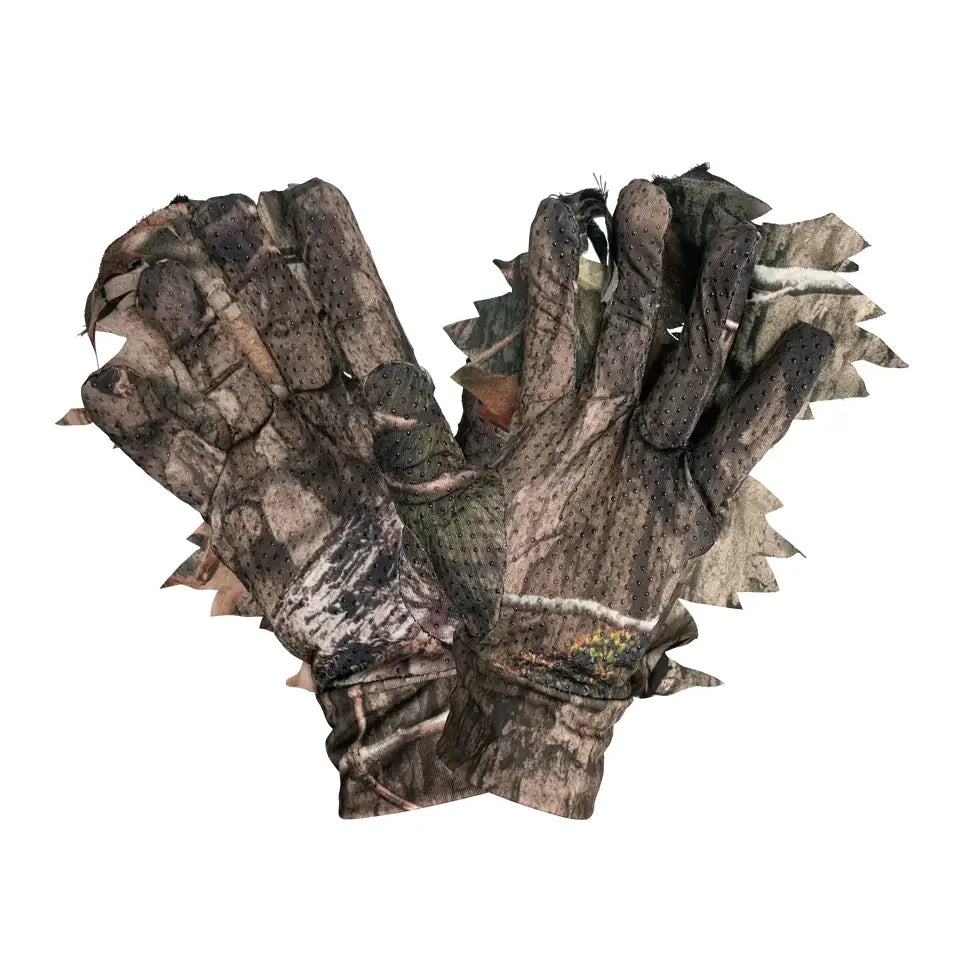 Mossy Oak DNA camouflage gloves from Titan 3D, designed for outdoor activities and hunting, with detailed leafy pattern.
