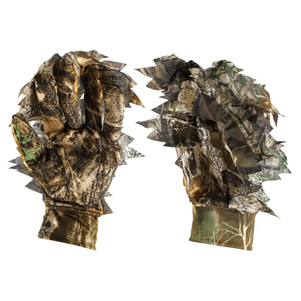 Titan 3D LeafySuits camouflage gloves designed for outdoor activities, featuring realistic real-tree edge pattern and durable fabric.