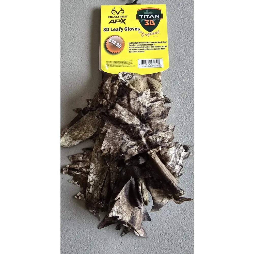 Titan 3D Realtree APX camouflage gloves designed for outdoor sports and hunting, featuring a durable, leafy pattern.