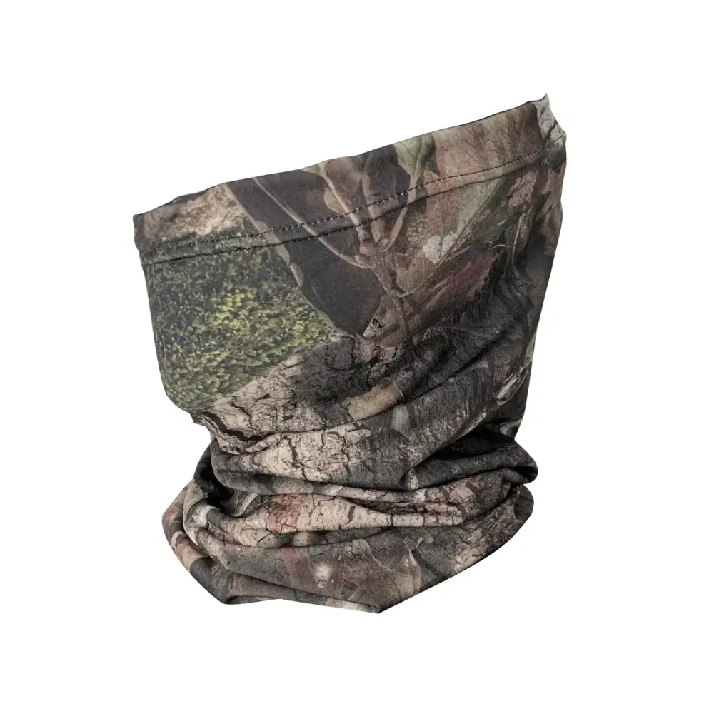Mossy Oak DNA neck gaiter by Titan 3D, a versatile fabric face covering with a leafy camouflage pattern for outdoor activities.