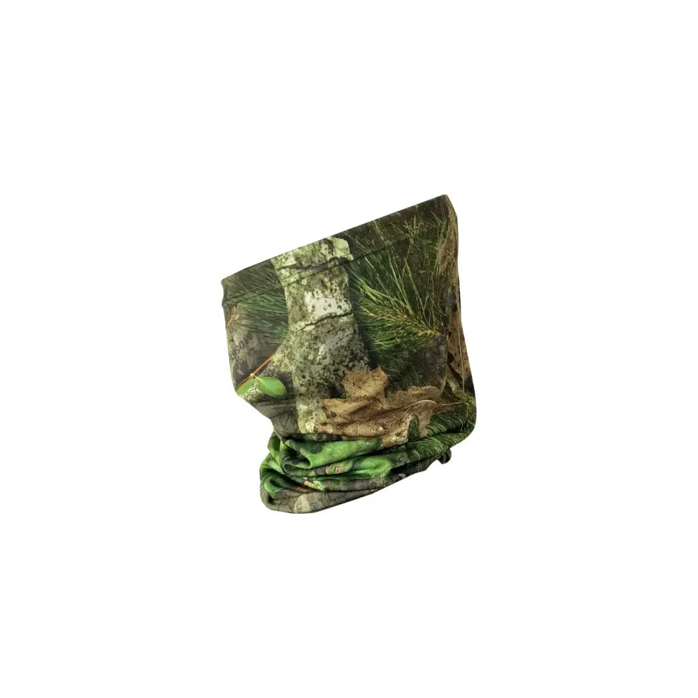 Mossy Oak Obsession neck gaiter by Titan 3D, made from lightweight fabric, featuring a leafy camouflage pattern for outdoor activities.