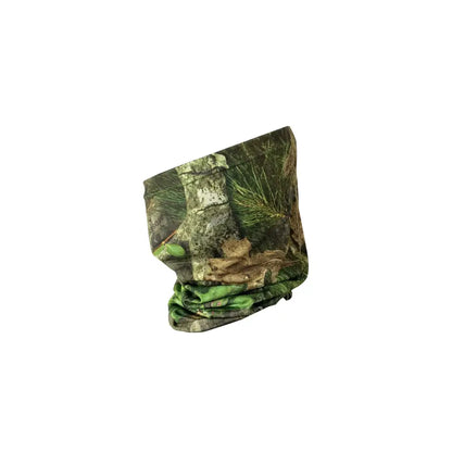 Mossy Oak Obsession neck gaiter by Titan 3D, made from lightweight fabric, featuring a leafy camouflage pattern for outdoor activities.