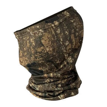 Realtree Timber camo neck gaiter by Titan 3D, lightweight and versatile for outdoor activities, featuring leafy woodland pattern.