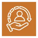 Orange icon featuring a stylized hand holding a person with an arrow forming a circular motion around them.