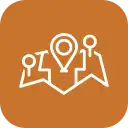 Orange map icon with white location pin and figure outlines.