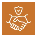 Orange square icon featuring white line art of two hands shaking with a shield above them.