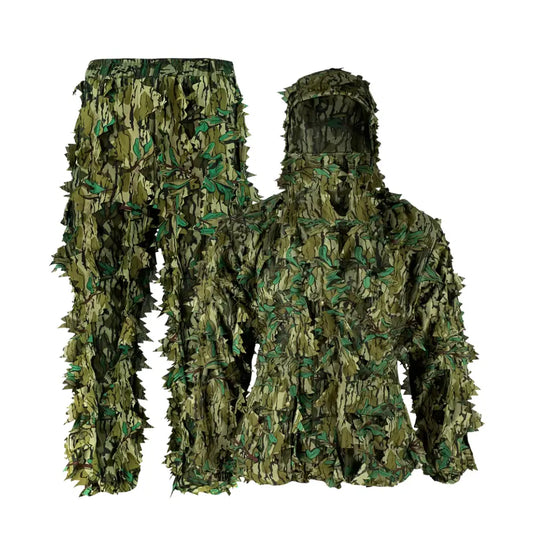 Titan 3D Outfitter Series Leafy Hunting Suit in Mossy Oak Greenleaf, showing camouflage design and fabric texture.