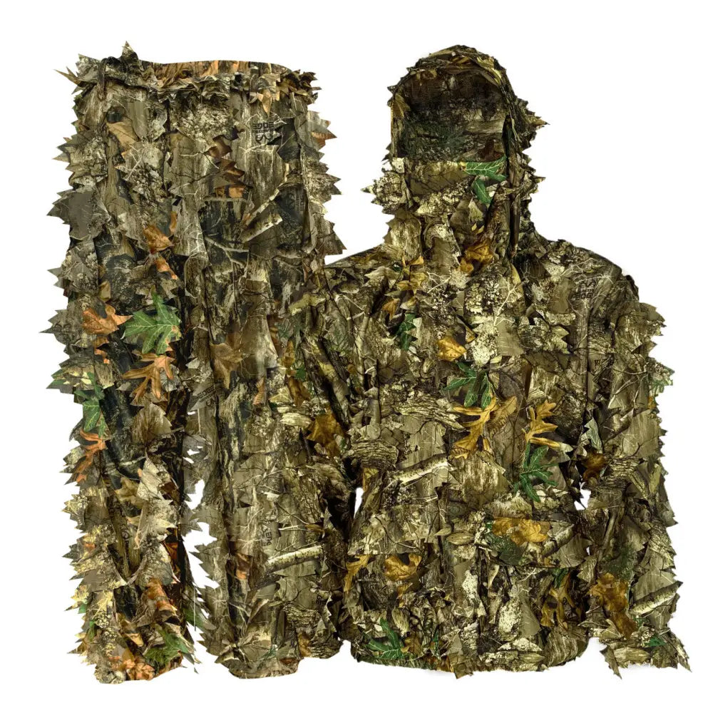 Titan 3D Outfitter Series Leafy Suits in size S, featuring realistic green and brown camouflage leaves for outdoor concealment.