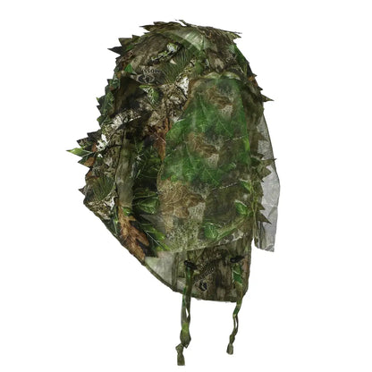 Titan 3D Leafy Hunting Face Mask in mossy oak camouflage, designed for outdoor hunting and concealment.