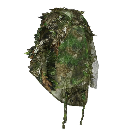 Titan 3D Leafy Hunting Face Mask in mossy oak camouflage, designed for outdoor hunting and concealment.